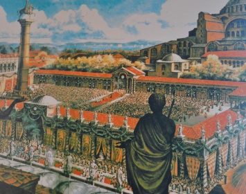 L'imperatore bizantino ammira dal suo palazzo l'Ippodromo di Costantinopoli, la Nuova Roma